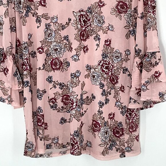 No Boundaries Top Women XL‎ Floral Pink Mesh Semi Sheer 3/4 Sleeve Ruffle - Picture 7 of 15